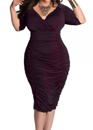Wine Red V Neck Ruched Dress 