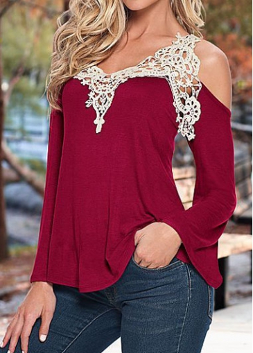 Cold Shoulder Lace Panel Wine Red Blouse