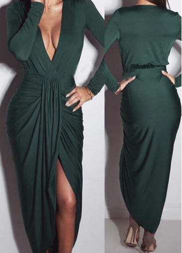 Dark Green Deep V Neck Dress