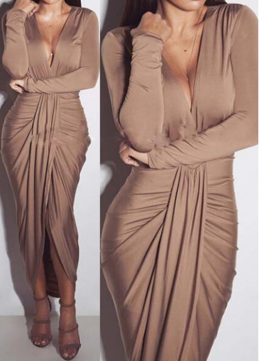 Long Sleeve Khaki Ruched Asymmetric Dress