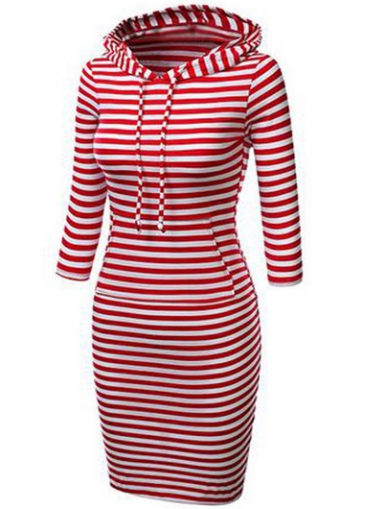 Hooded Collar Stripe Print Red Dress