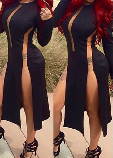 Round Neck Long Sleeve Mid Calf Dress