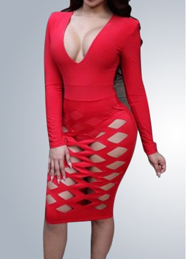 V Neck Long Sleeve Red Knee Length Dress