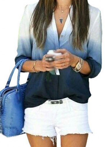 Button Closure Long Sleeve Blue Shirt 