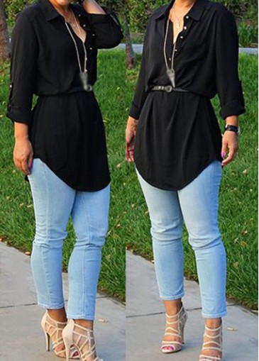 Turndown Collar Long Sleeve Black Blouse
