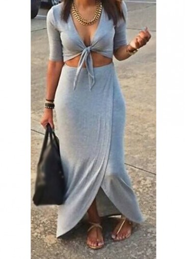 Hollow Waist Plunging Neck Maxi Dress