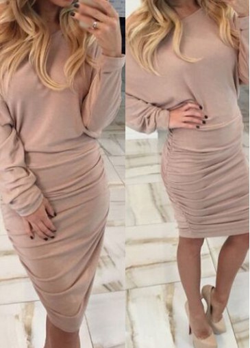 Long Sleeve Apricot Ruched Sheath Dress