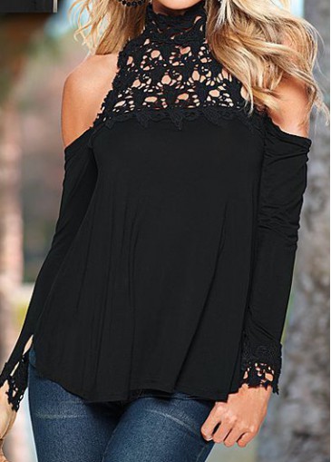 Lace Panel Long Sleeve Black Chiffon Blouse