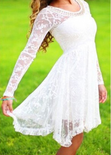 Long Sleeve White Lace Asymmetric Dress