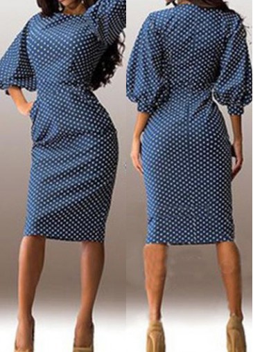 Blue Lantern Sleeve Polka Dot Print Dress