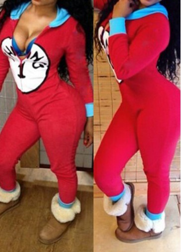 Letter Pattern Long Sleeve Hooded Jumpsuit