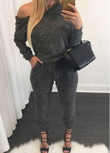 Long Sleeve Drawstring Waist Grey Jumpsuit