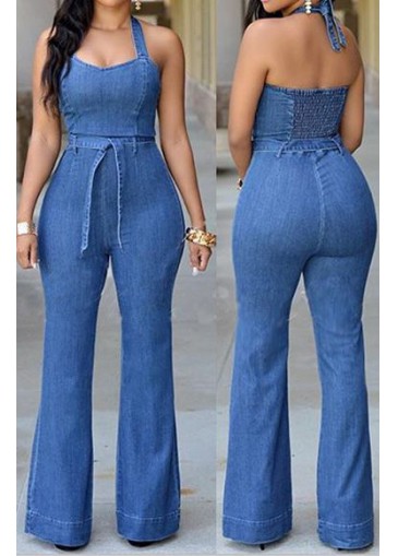 Blue Open Back Ankle Length Jumpsuit