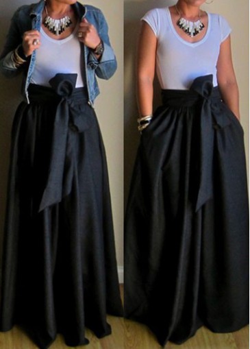 Pocket Design Black Belt Design Maxi Skirt