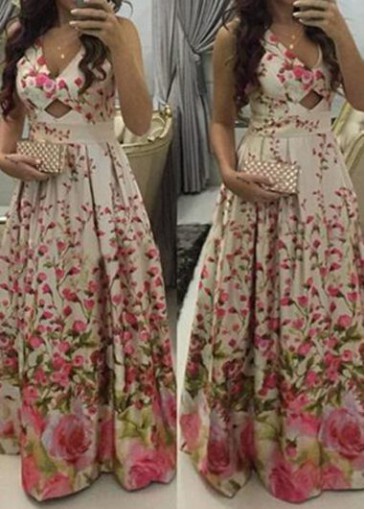 High Waist V Neck Flower Print Dress