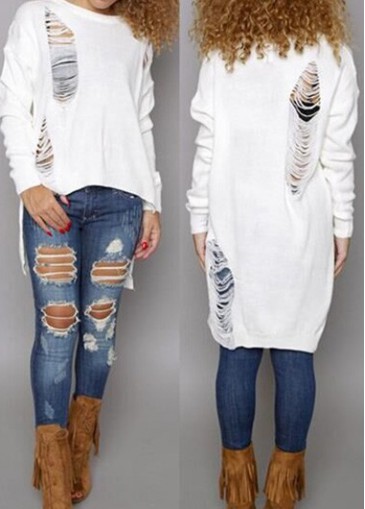 White Round Neck High Low Sweater