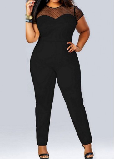 Short Sleeve Black Mesh Panel Ankle Length Jumpsuit