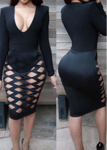 Black V Neck Long Sleeve Cutout Design Dress