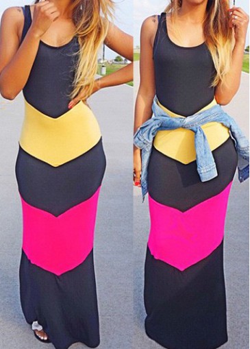 Color Block Round Neck Sleeveless Maxi Dress