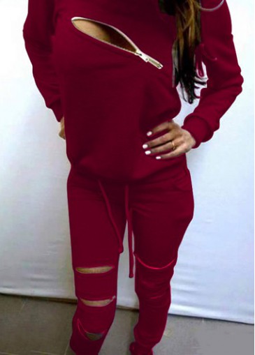 Wine Red Top and Zipper Design Pants