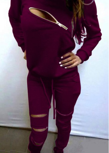 Zipper Closure Dark Purple Sweats Suit