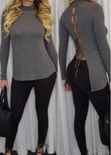 Grey High Neck Lace Up T Shirt