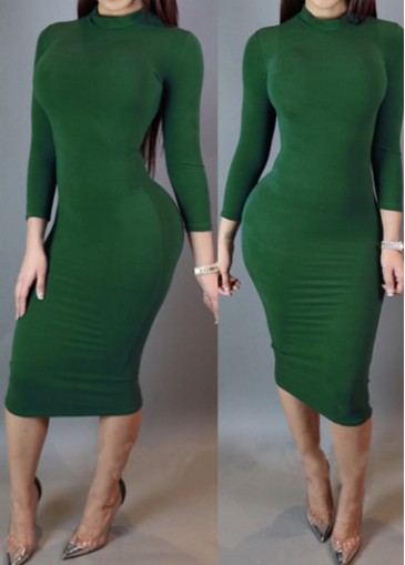 High Neck Long Sleeve Mid Calf Dress