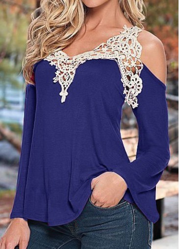 Navy Blue Cold Shoulder Lace Patchwork Blouse