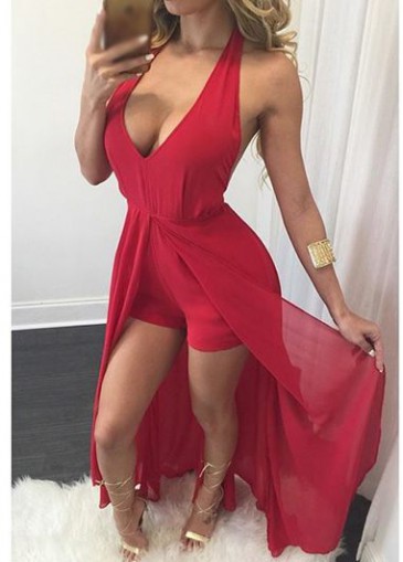 Red Chiffon Halter Neck Maxi Overlay Romper