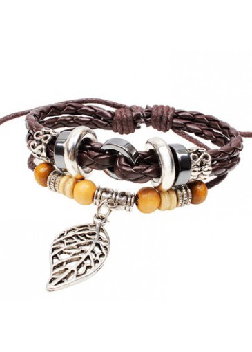 Metal Leaf Shape Pendant Artificial Leather Bracelet