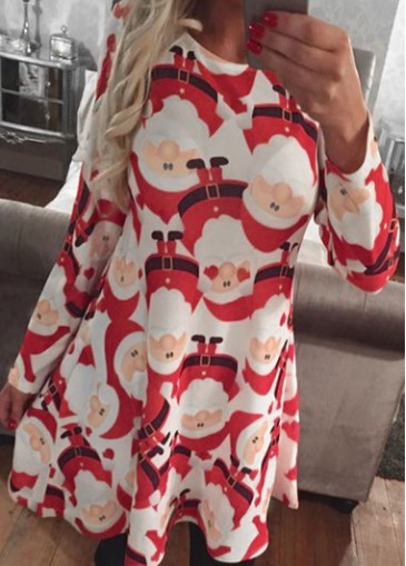 Round Neck Santa Claus Print Shift Dress