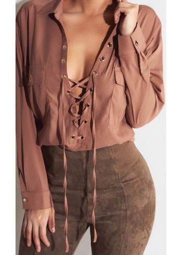 Brown Long Sleeve Pocket Design Shirt