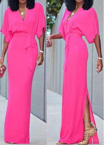 Side Slit Half Sleeve Rose Maxi Dress