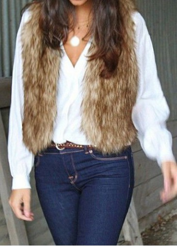 Brown Faux Fur V Neck Waistcoat