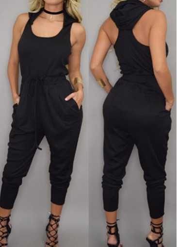 Black Sleeveless Drawstring Waist Hooded Collar Jumpsuits