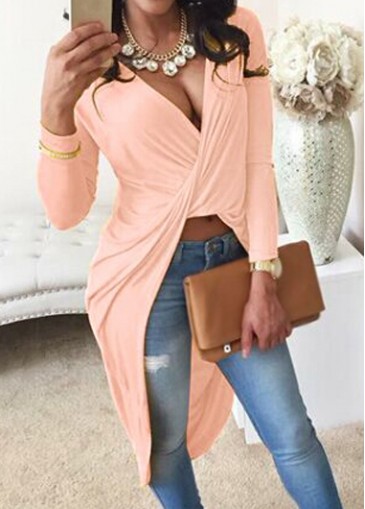 V Neck Pink High Low T Shirt