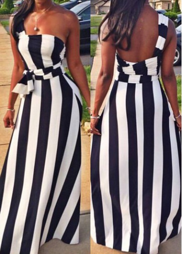 Stripe Print Backless High Waist Dress 