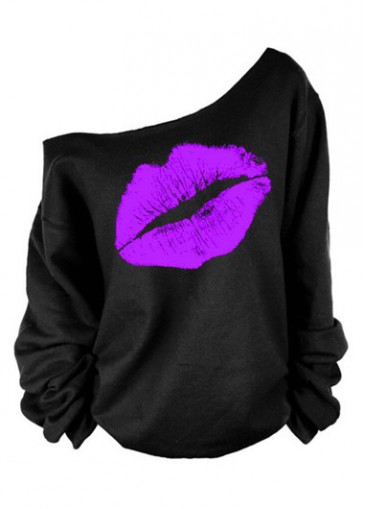 Long Sleeve Purple Lip Print Skew Neck Sweats