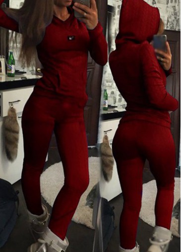 Wine Red Hooded Collar Sweats Suit