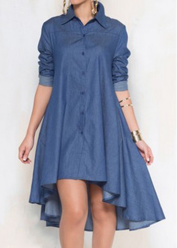 Button Closure Long Sleeve Asymmetric Dress