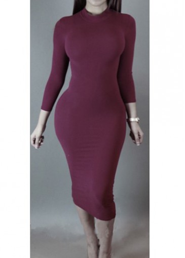 Long Sleeve Wine Red Mid Calf Sheath Dress