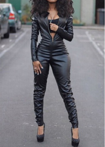 Faux Leather Zipper Closure Black Jumpsuits