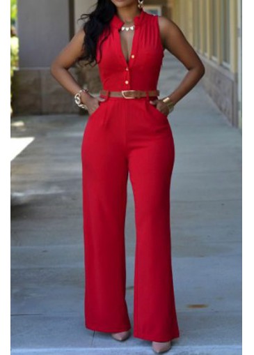 Stand Collar Red Button Closure Jumpsuit