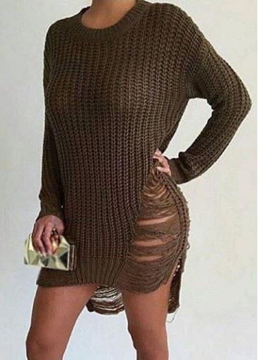 Army Green Long Sleeve Tearing Mini Dress