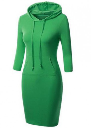 Pocket Design Hooded Collar Green Dress