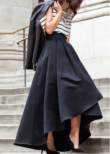 Black Asymmetric Hem Pleated Maxi Skirt