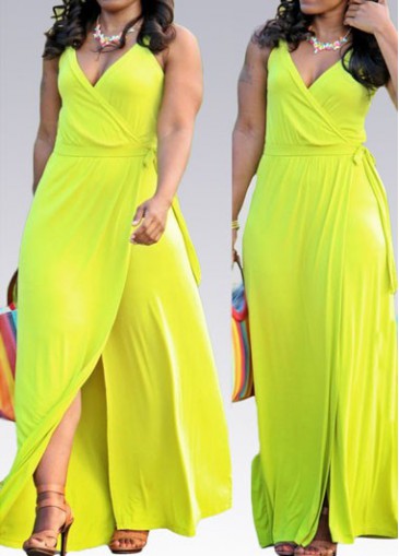 V Neck Sleeveless Neon Yellow Maxi Dress