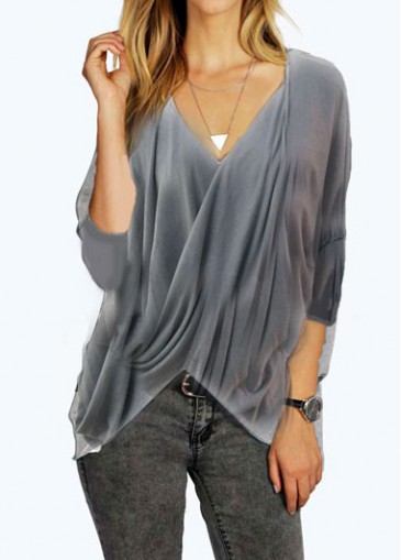 Three Quarter Sleeve Grey Asymmetric Hem Blouse