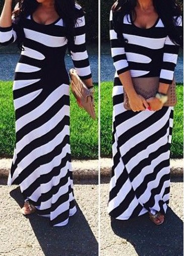 Stripe Print Round Neck Maxi Dress