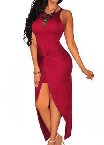 Twisted Wine Red Front Slit Maxi Dress